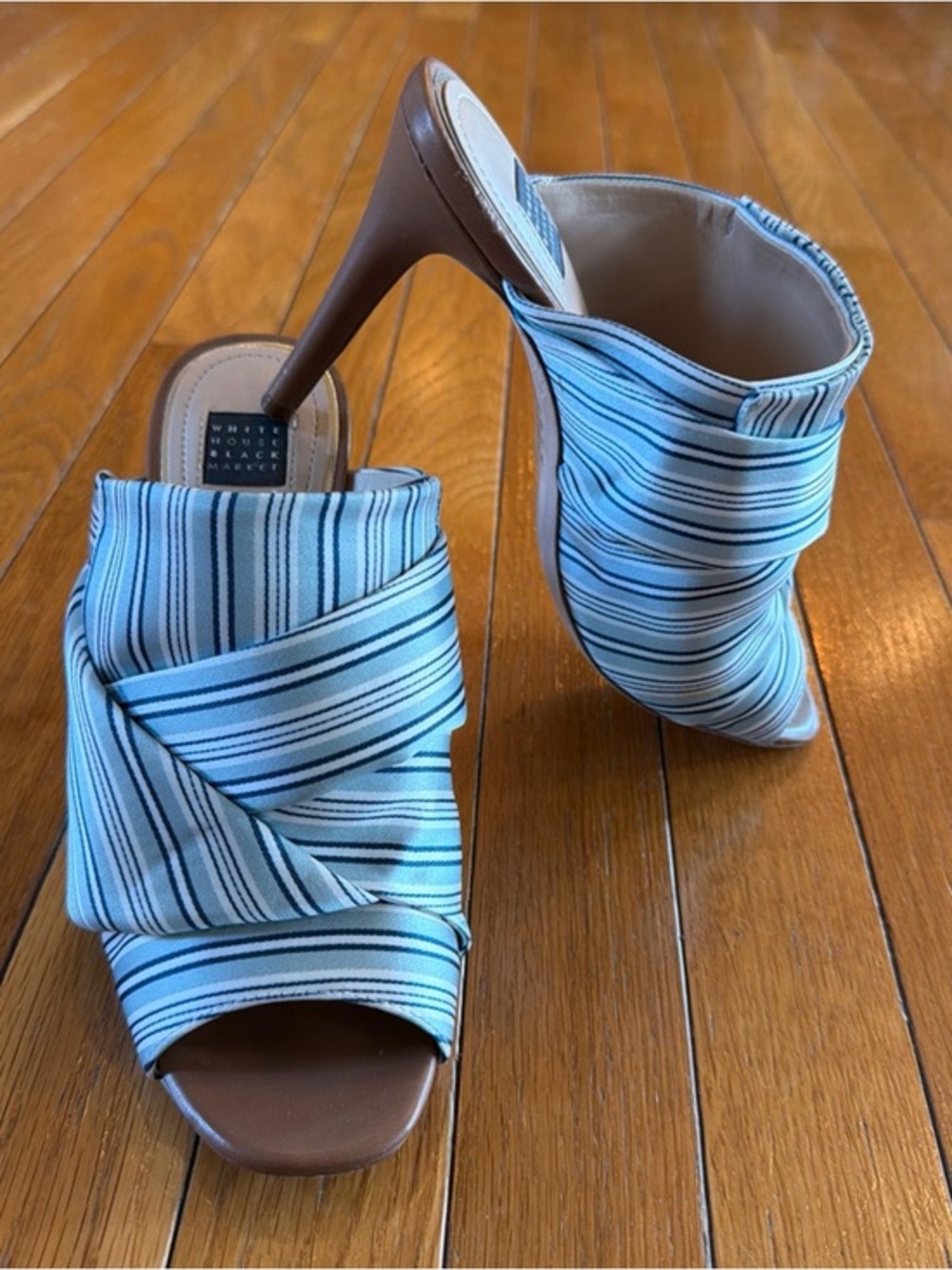 White House Black Market Gisele Satin Stripe White Blue Slip On Mules Heels 7.5